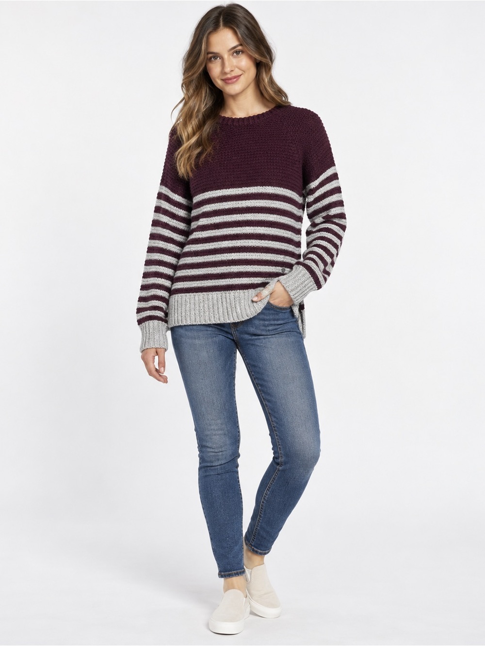 Volcom Women’s XS Burgundy Gray Striped Chunky Knit Crewneck Sweater